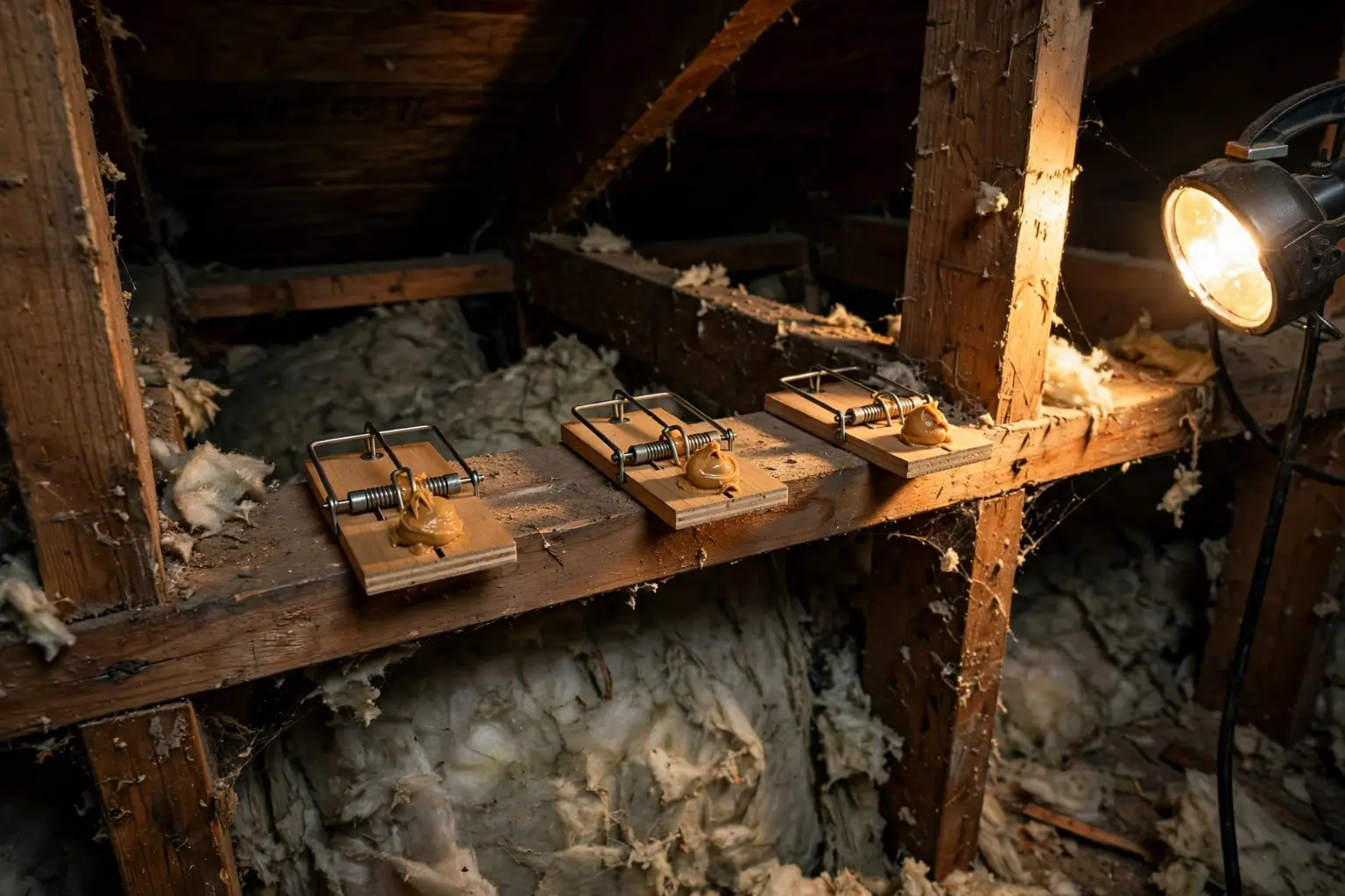 Rodent traps set in a Spring Hill FL attic during professional trapping service