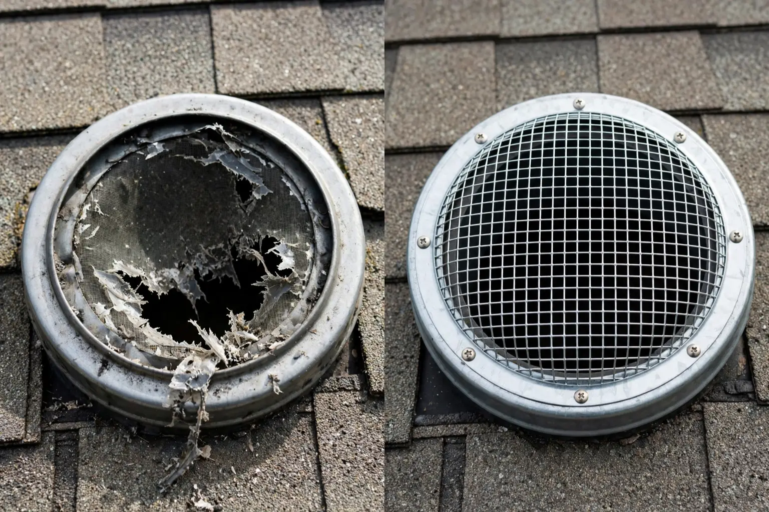 Sterling Hill rodent proofing, vent screen before and after